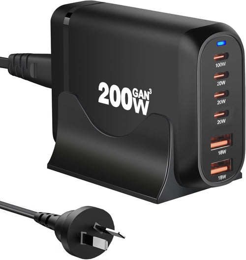 200W USB C Charger, Gan Charger Station, 6-Port Fast Charger, USB Wall Charger Power Adapter, Type C Phone Charger Block Compatible with Macbook, Ipad, Iphone 15 14 13 12, Samsung Galaxy, Laptop