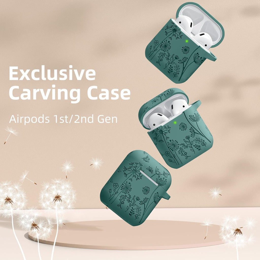 Flower Print Engraved for Airpods Case Cover, Stylish Soft Silicone Protector with Keychain Compatible with Apple Airpods 1St/2Nd Generation Charging Case, Pine Green