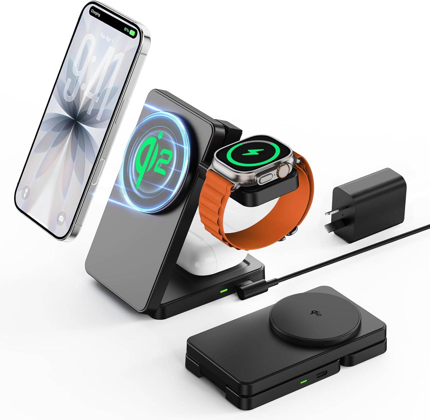 15W Wireless Charging Station,  3 in 1 Magnetic Wireless Charger Stand for Apple Devices, Foldable Travel Charging Dock for Iphone 17 16 15 14 13 12, for Apple Watch & Airpods