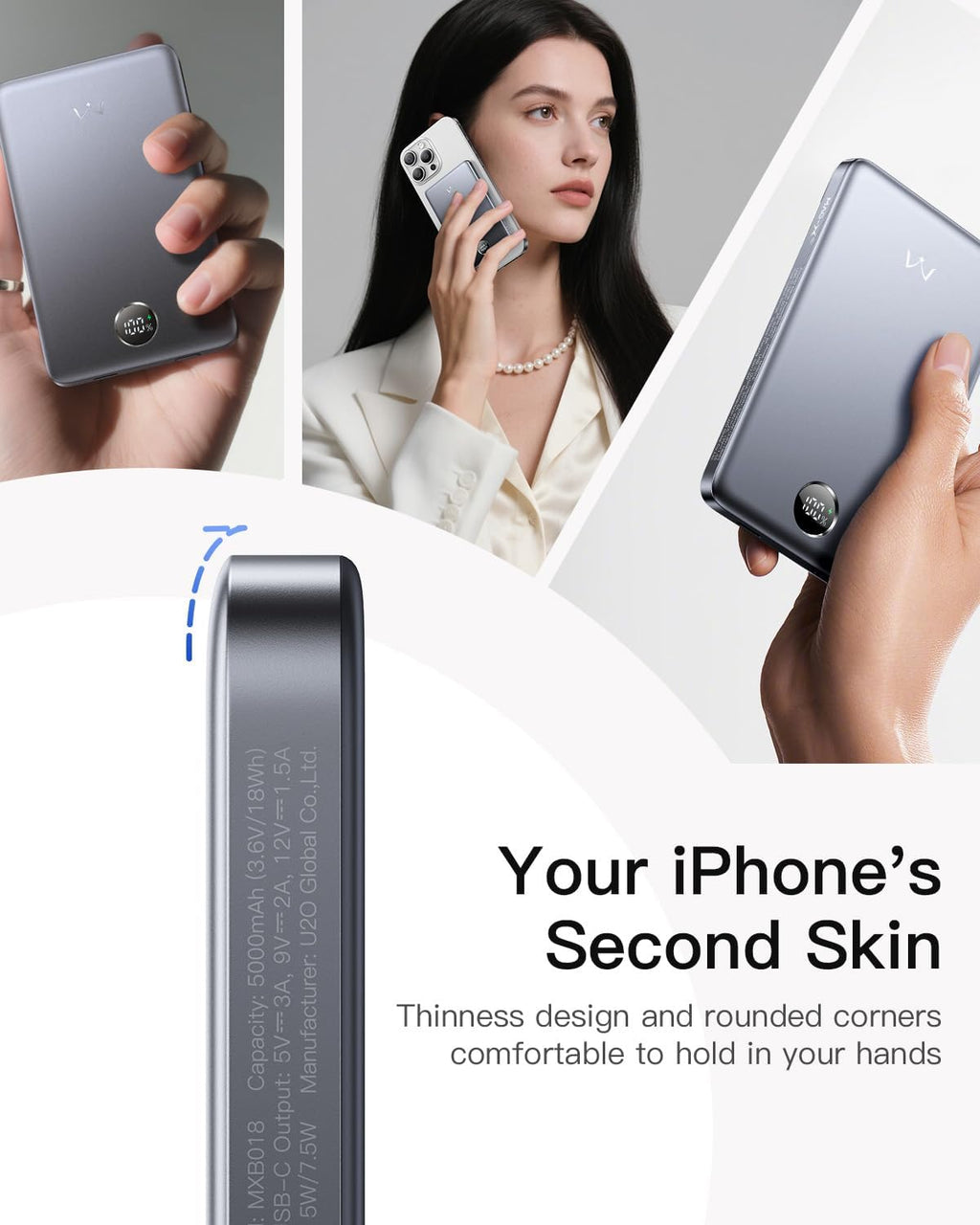 Magnetic Portable Charger, 5000Mah Ultra-Slim Power Bank Wireless Charging Battery Pack with LED Power Display, Comfortable Grip Powerbank Compatible with Iphone 16/15/14/13/12 Series, Gray