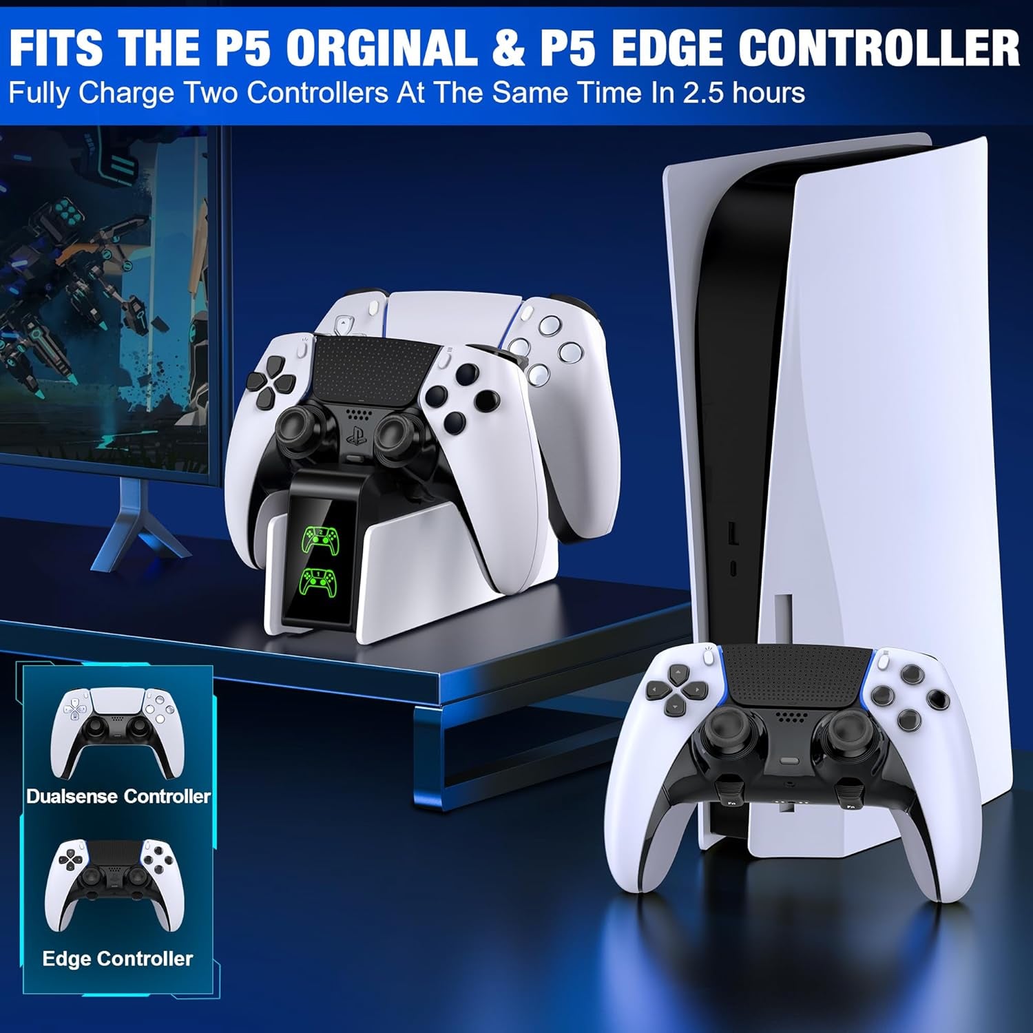 PS5 Controller Charging Station, Dual Charging Stand for Charging PS5 Elite Controllers, Charging Station for Charging 2 PS5 Handles, with USB Port/Memory for PS5 Charging Station Accessories