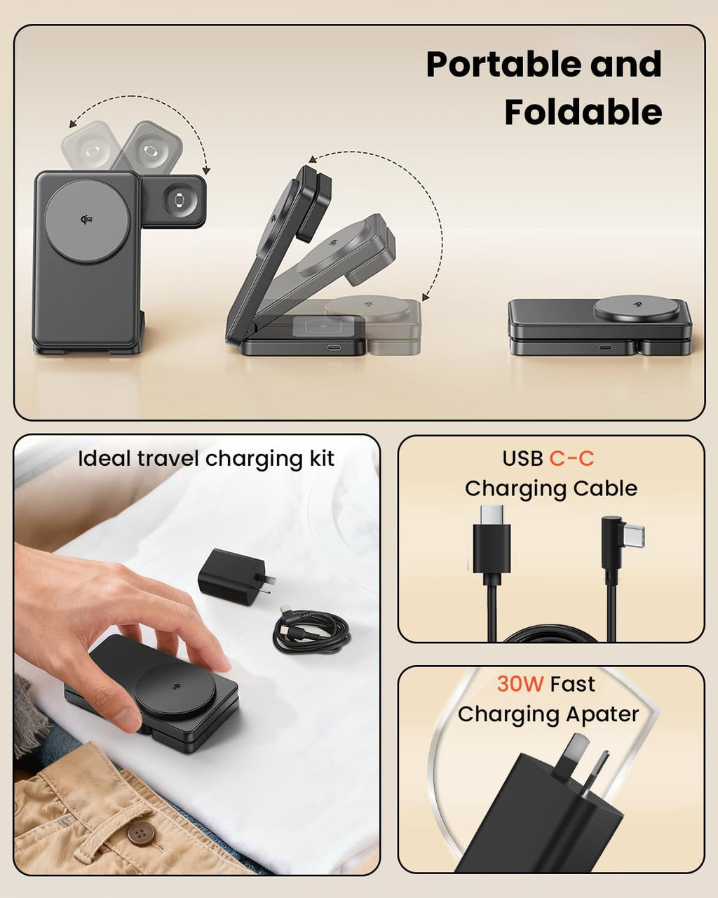 15W Wireless Charging Station,  3 in 1 Magnetic Wireless Charger Stand for Apple Devices, Foldable Travel Charging Dock for Iphone 17 16 15 14 13 12, for Apple Watch & Airpods