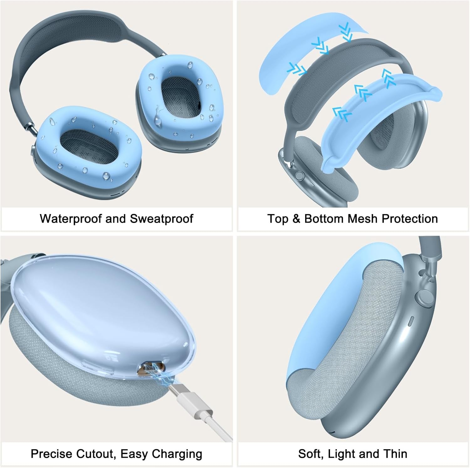 [4 in 1] Silicone Case Cover for Airpods Max, Clear Soft TPU Ear Cups Cover/Ear Pad Case Cover/Headband Cover for Airpods Max (2024/2020), Transparent Accessories for Apple Airpod Max (Usb-C),Sky Blue