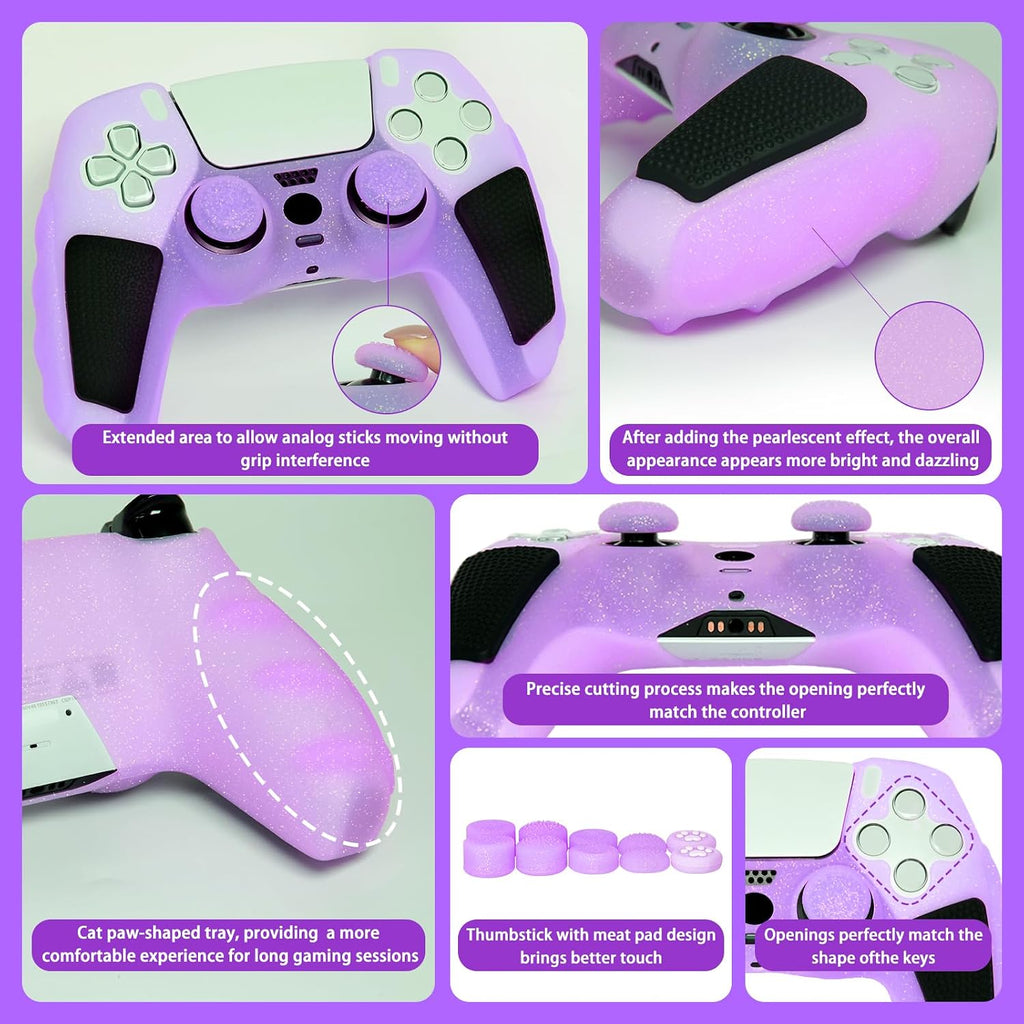Purple Glitter anti Slip Soft Thicked Studded Silicone Cover Skins Compatible with PS5 Controller,Include 8 PCS Purple Glitter Thumb Grips Glow and 2 Cat Paw Grips Accessories.