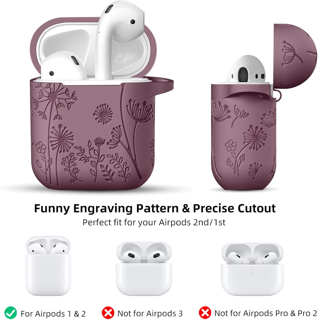 Compatible with Apple Airpods 1St/2Nd Generation Charging Case, Stylish Soft Silicone Flower Print Engraved Protector with Keychain Compatible with Airpods Case, Smoke Purple