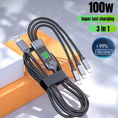 100W Fast Charging Cable 3 in 1 Charger Cable for Iphone Braided Multiple USB Universal Charging Cord Adapter with Type-C Micro