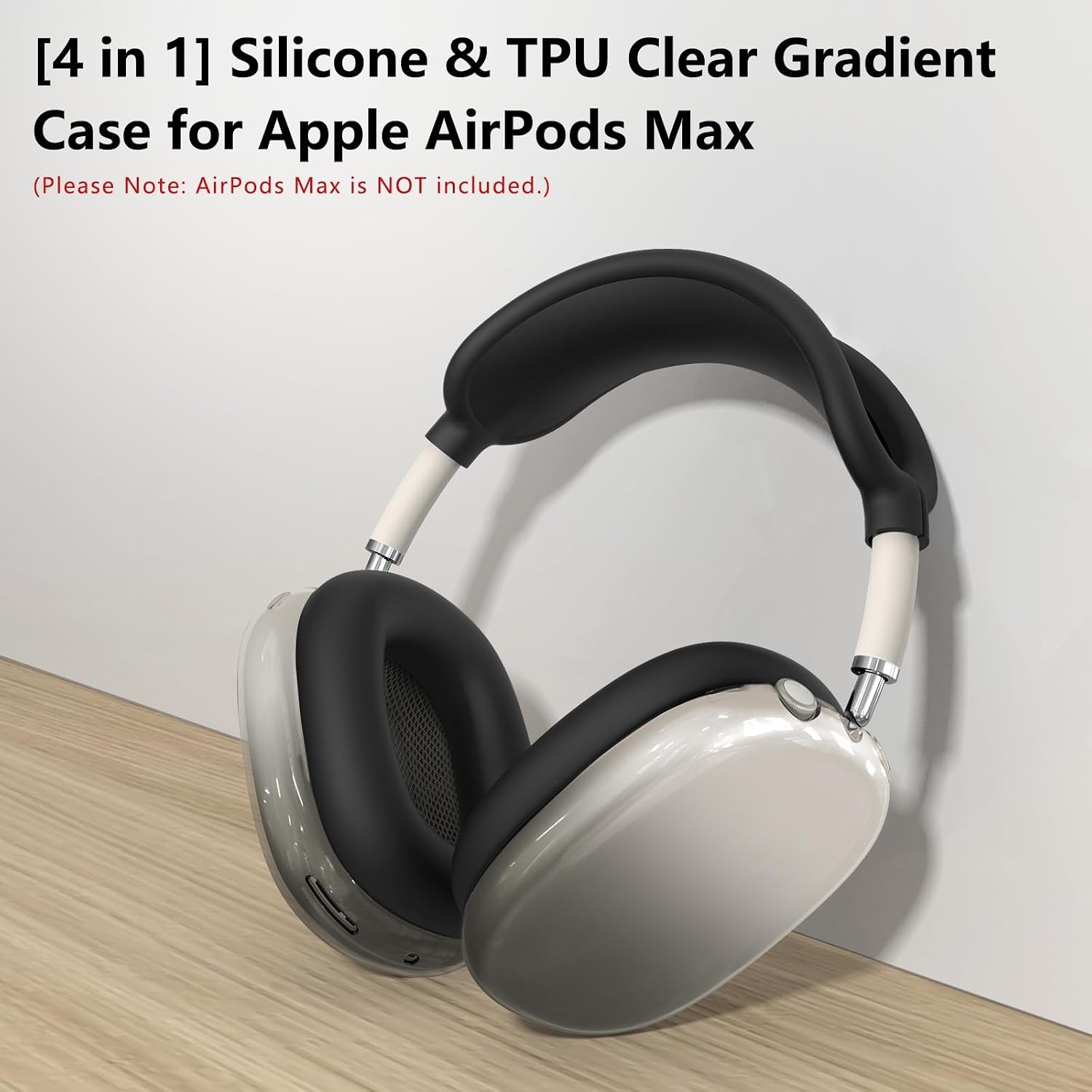 [4 in 1] Silicone Case Cover for Airpods Max, Clear Gradient Soft TPU Ear Cups Cover/Ear Pad Case Cover/Headband Cover Transparent Accessories for Apple Airpods Max (2024/2020)(Usb-C/Lightning), Black